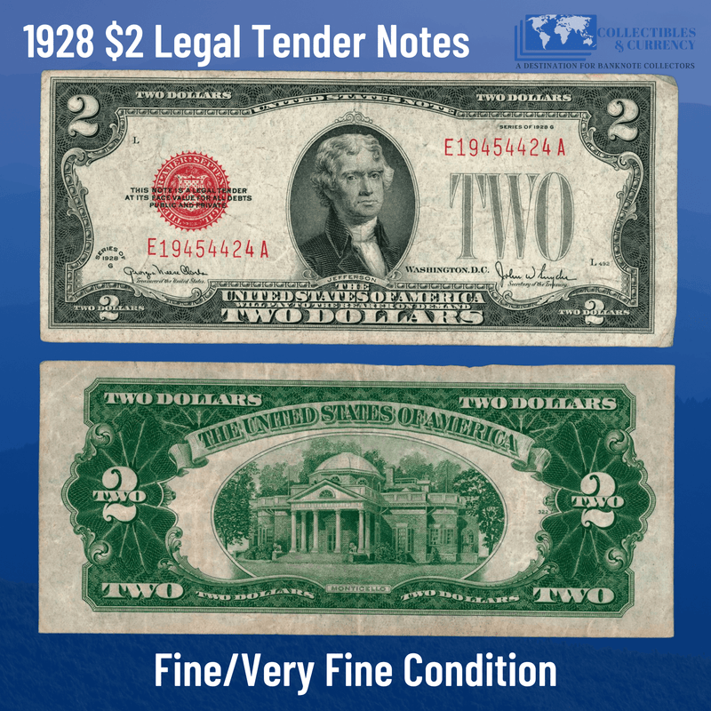 1928 $2 Two Dollars Legal Tender Note Red Seal, F/VF Condition