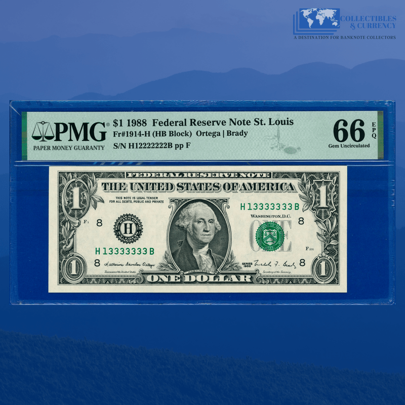 1988 FRN $1 Rare Fancy Near Solid Serial Number 13333333, PMG 66 EPQ