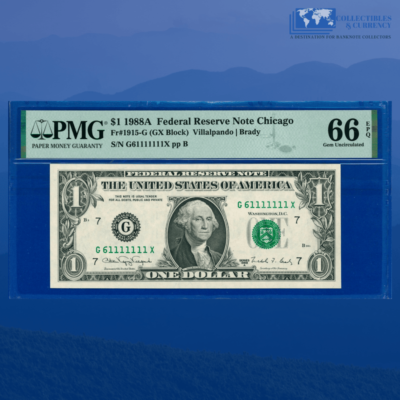 1988A FRN $1 Rare Fancy Near Solid Serial Number 61111111, PMG 66 EPQ