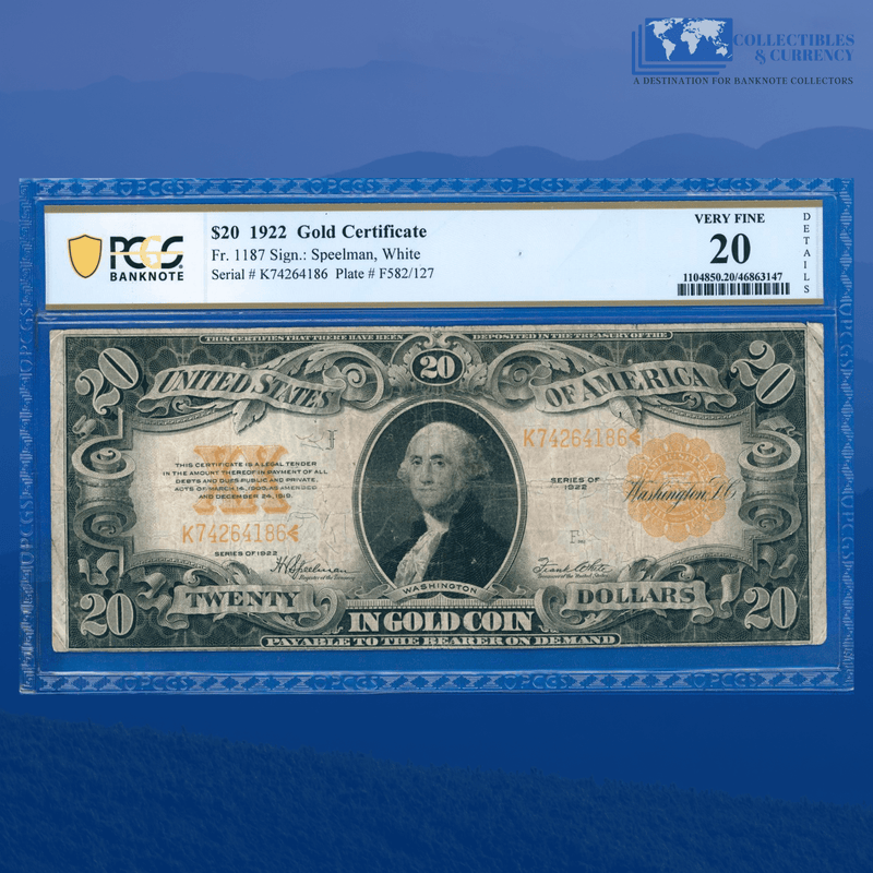 Fr.1187 1922 $20 Twenty Dollars Gold Certificate, PCGS 20 Comment
