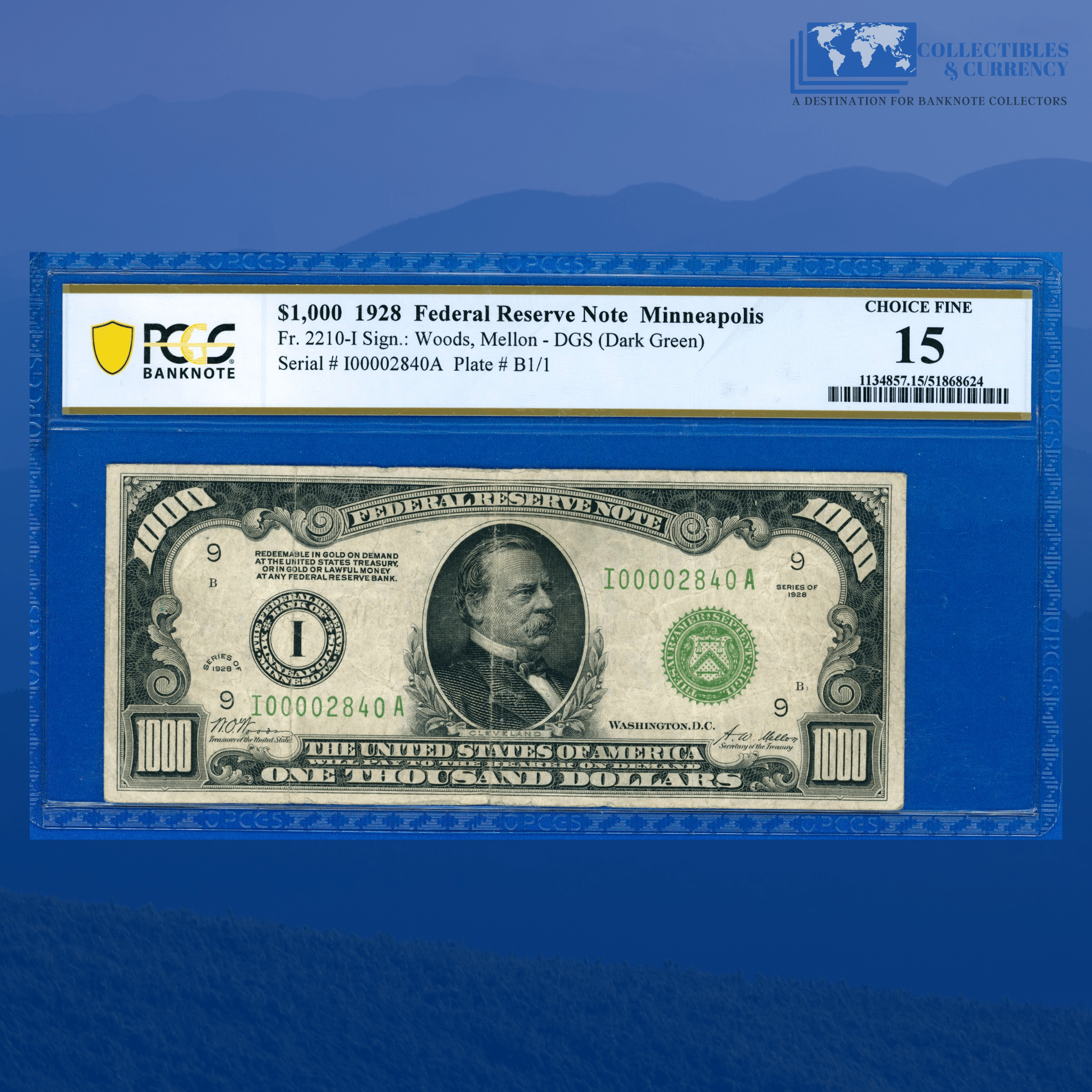 Fr.2210-I 1928 $1000 One Thousand Dollars FRN Minneapolis, PCGS 15