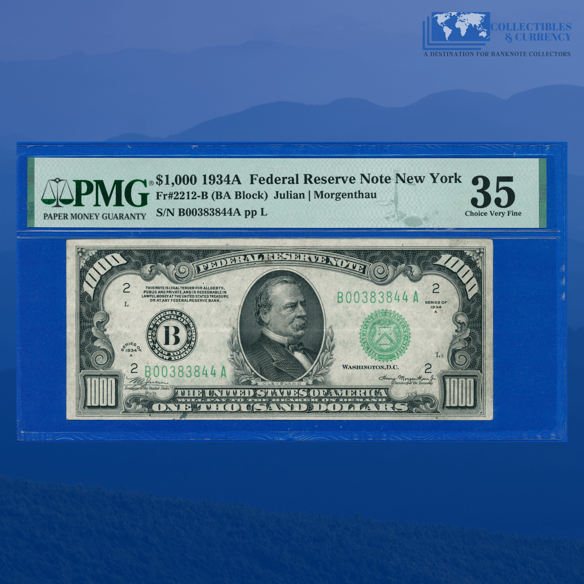 フランクフォート・メイン 1000ドル金券 Fr.2212-B 1934 $1000 One Thousand Dollars FRN New York, PMG 35 Comment