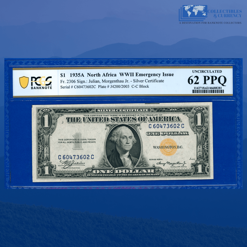 Fr.2306 1935A $1 Silver Certificate Yellow Seal "North Africa", PCGS 62 PPQ