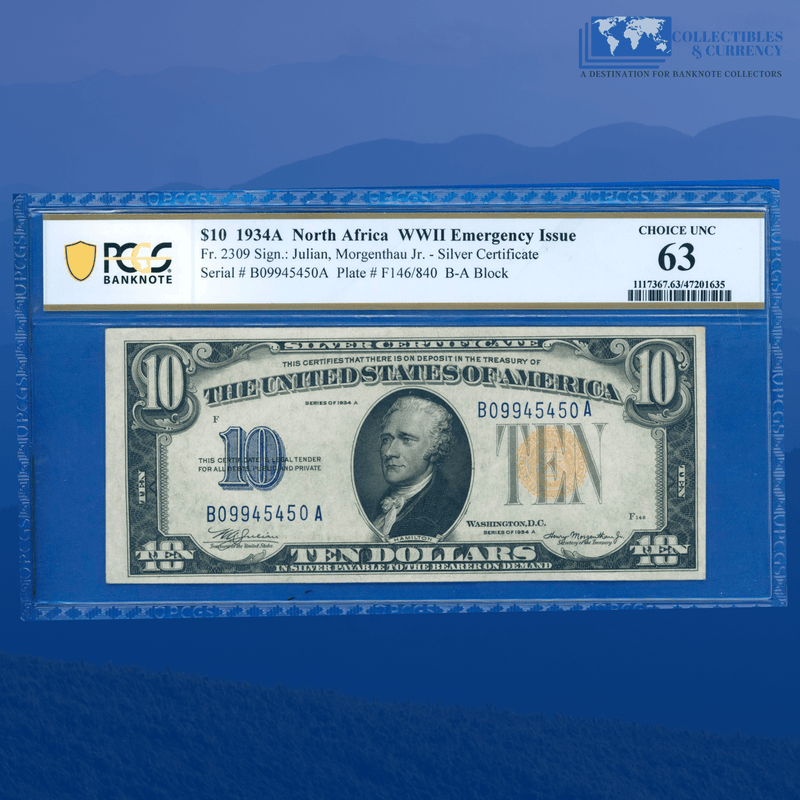 Fr.2309 1934A $10 Silver Certificate Yellow Seal "North Africa", PCGS 63