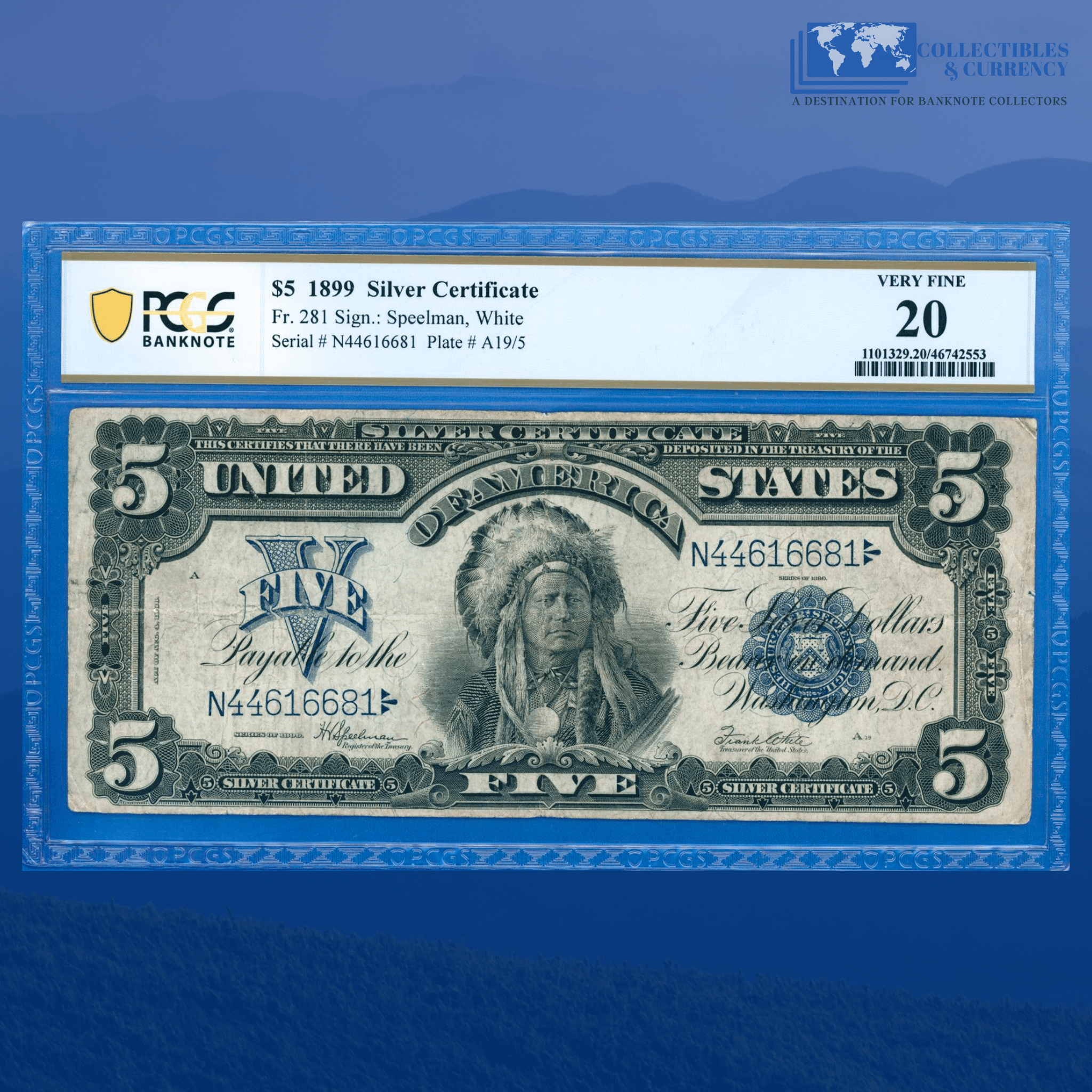 American Indian Chief, 1899 Running Antelope, New $5 Dollar Bill Banknote