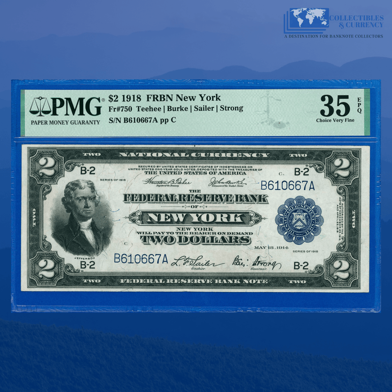 Fr.750 1918 $2 Two Dollars FRBN New York "BATTLESHIP", PMG 35 EPQ
