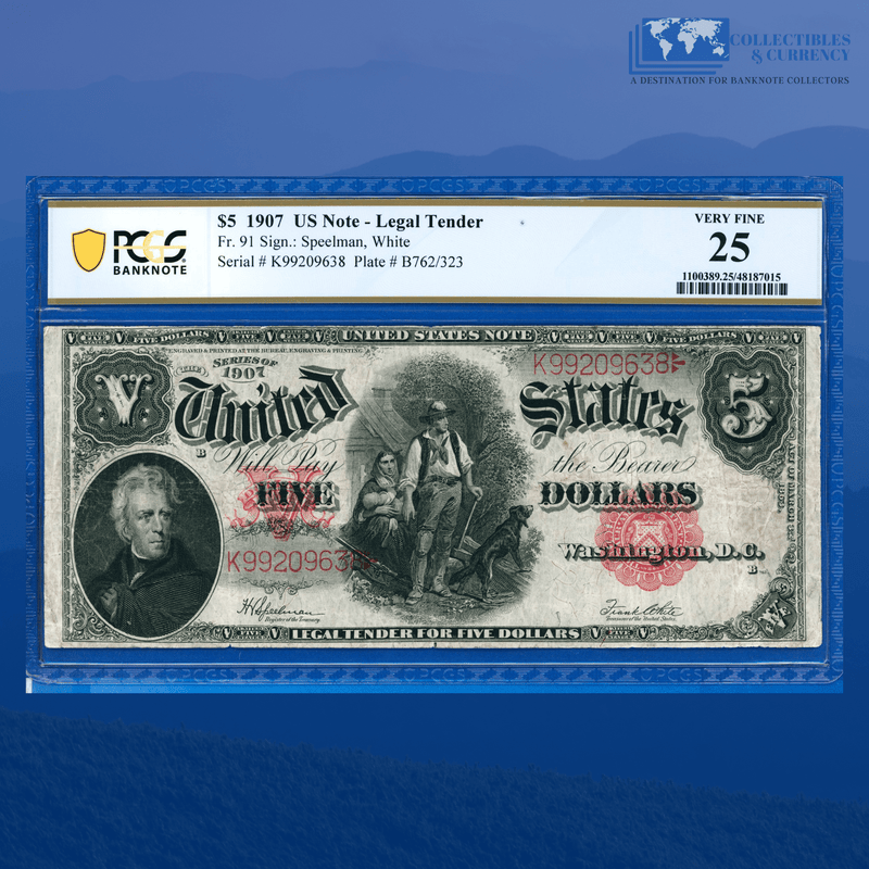 Fr.91 1907 $5 Five Dollars Bill "WOODCHOPPER" Legal Tender Note, PCGS 25