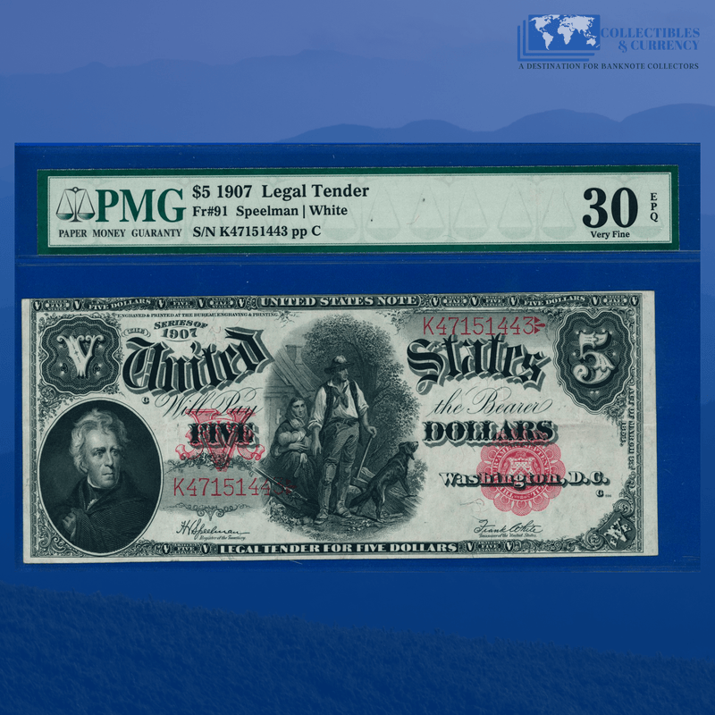 Fr.91 1907 $5 Five Dollars Bill "WOODCHOPPER" Legal Tender Note, PMG 30 EPQ