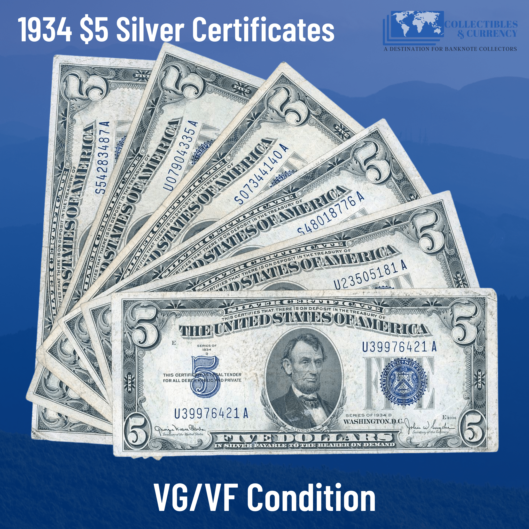 1934 $5 Silver Certificate – Circulated G-XF, Collectible Currency Lot