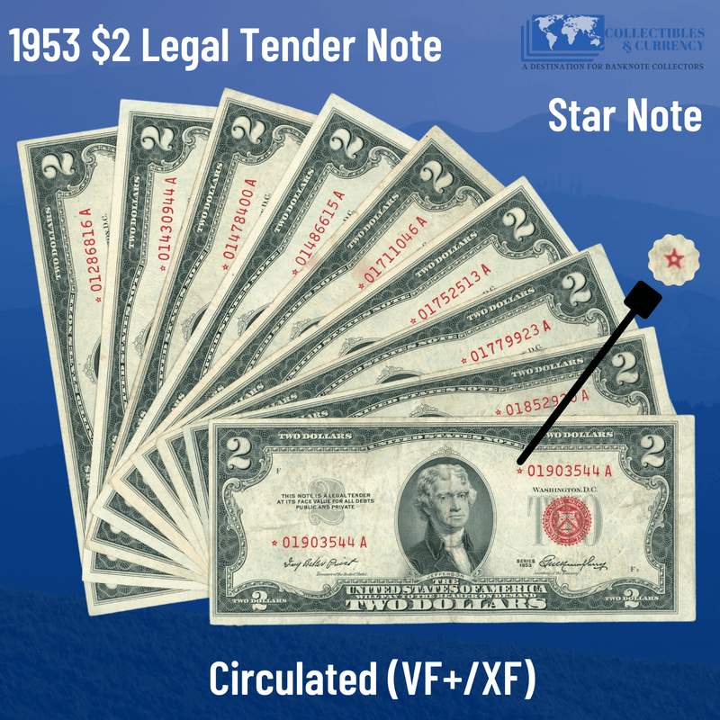 1953 $2 Two Dollars Legal Tender Star Note Red Seal, VF/XF Condition
