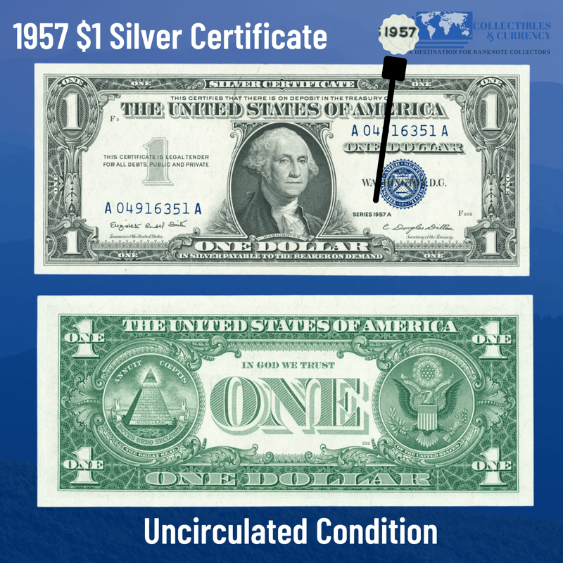 1957 $1 One Dollar Silver Certificate Blue Seal, Uncirculated Condition