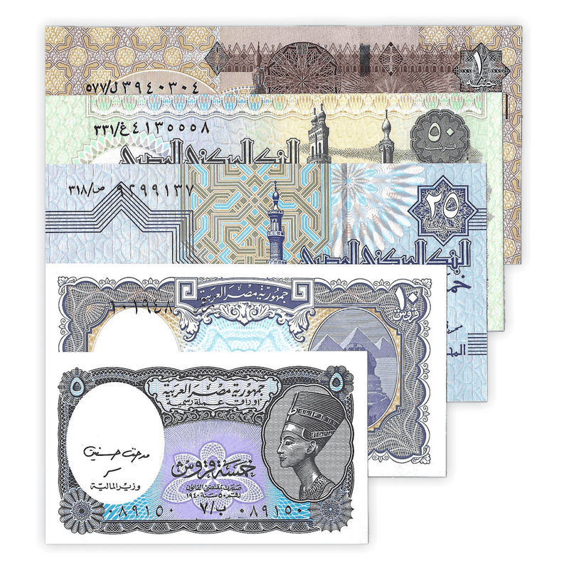 Egypt Banknotes / Uncirculated Egypt Set of 5 Pcs 5-10-25-50-1 Piastres and Pound
