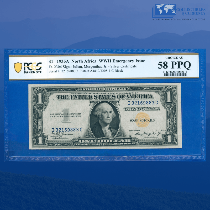 Fr.2306 1935A $1 Silver Certificate Yellow Seal "North Africa", PCGS 58 PPQ