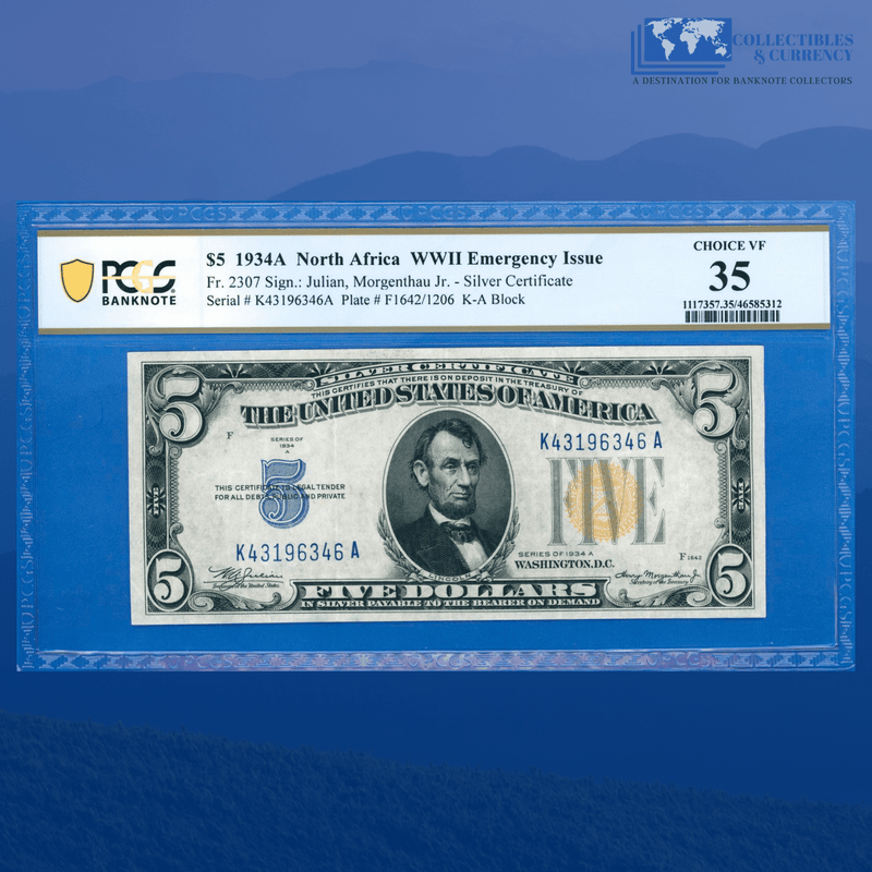 Fr.2307 1934A $5 Silver Certificate Yellow Seal "North Africa", PCGS 35