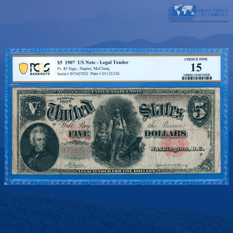 Fr.85 1907 $5 Five Dollars Bill "WOODCHOPPER" Legal Tender Note, PCGS 15