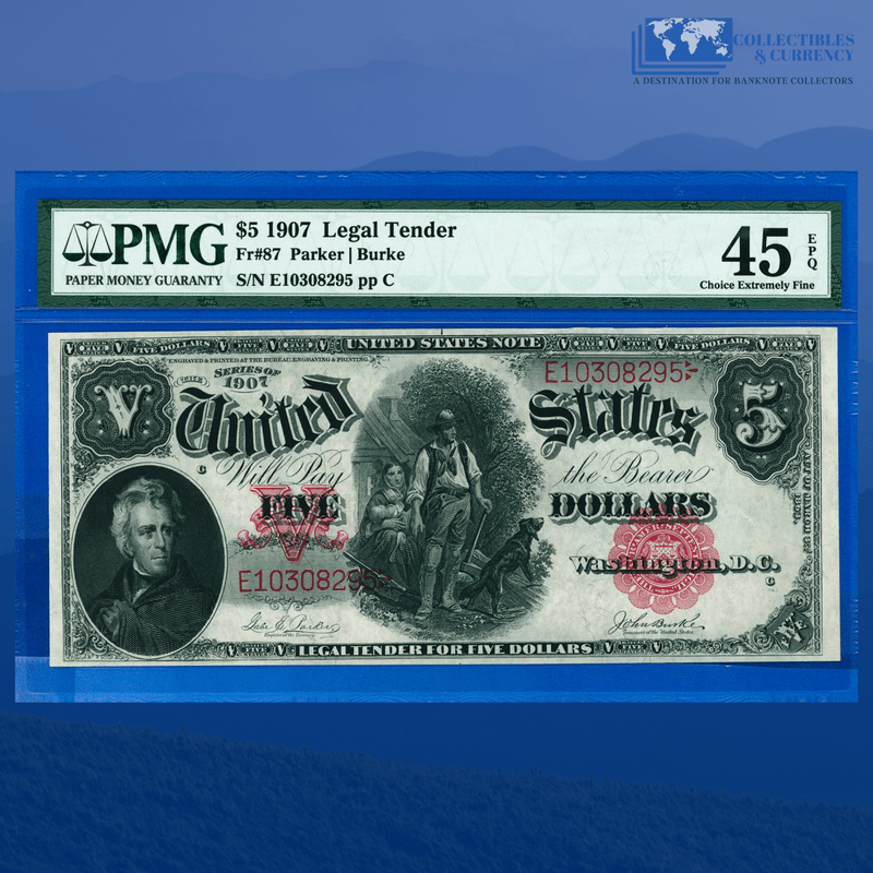Fr.87 1907 $5 Five Dollars Bill "WOODCHOPPER" Legal Tender Note, PMG 45 EPQ