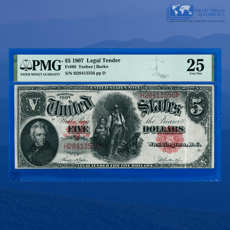 Fr.88 1907 $5 Five Dollars "WOODCHOPPER" Legal Tender Note, PMG 25