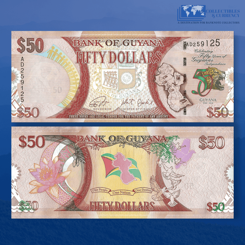 Guyana Banknotes / Uncirculated Guyana Set 6 Pcs 20-5.000 Dollars | P-30-36-41