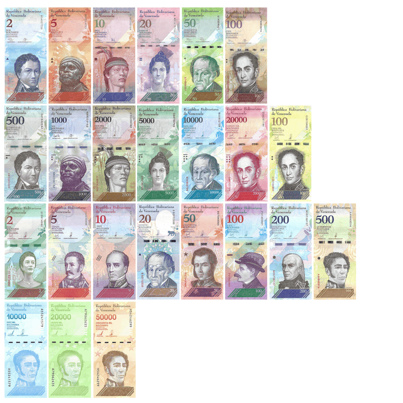 Venezuela Banknotes / Uncirculated Venezuela Set of 24 Pcs 2-50.000 Bolivares Fuerte and Soberano 2007-2019