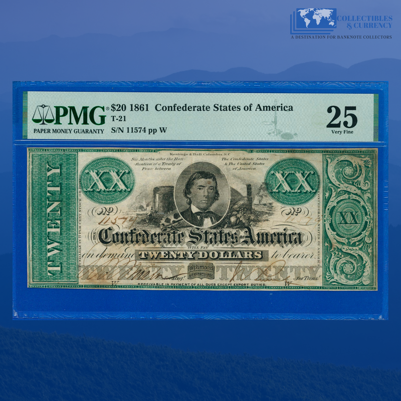 1861 $20 Confederate States Of America, CSA T-21 PF-3, PMG 25