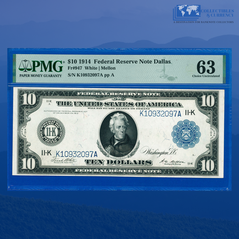 Fr.947 1914 $10 Ten Dollars FRN Dallas, PMG CU 63