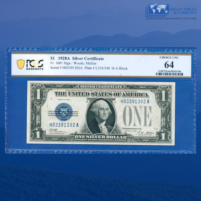 Fr.1601 1928A $1 One Dollar Silver Certificate "FUNNYBACK", H/A Block, PCGS 64