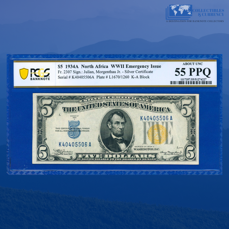 Fr.2307 1934A $5 Silver Certificate Yellow Seal "North Africa", PCGS 55 PPQ