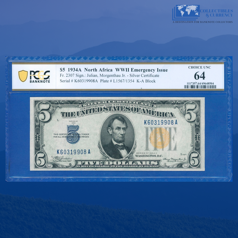 Fr.2307 1934A $5 Silver Certificate Yellow Seal "North Africa", PCGS 64