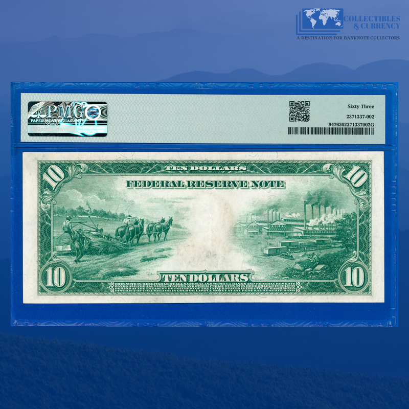 Fr.947 1914 $10 Ten Dollars FRN Dallas, PMG CU 63