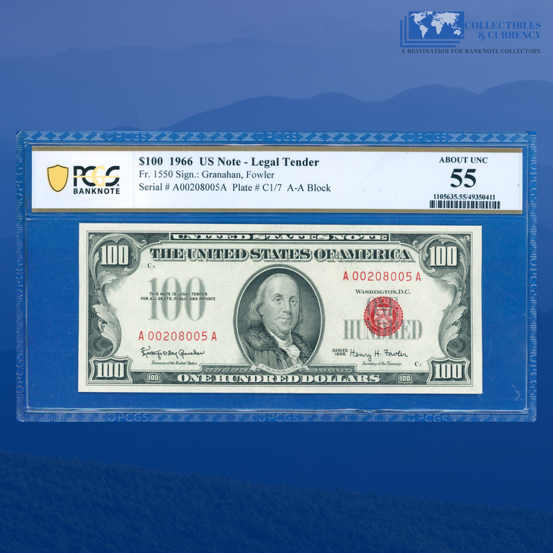 Fr.1550 1966 $100 One Hundred Dollars Legal Tender Note, PCGS 55