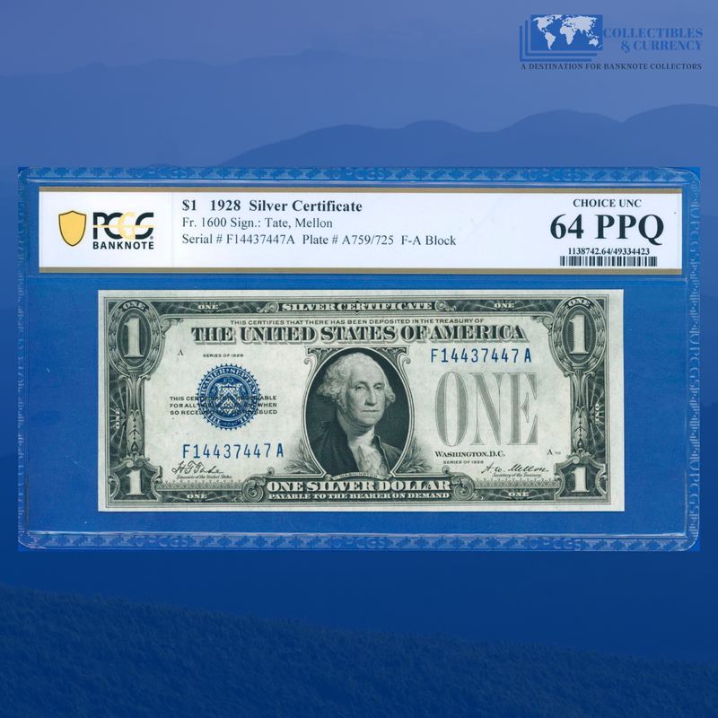 Fr.1600 1928 $1 One Dollar Silver Certificate "FUNNYBACK", F/A Block, PCGS 64 PPQ