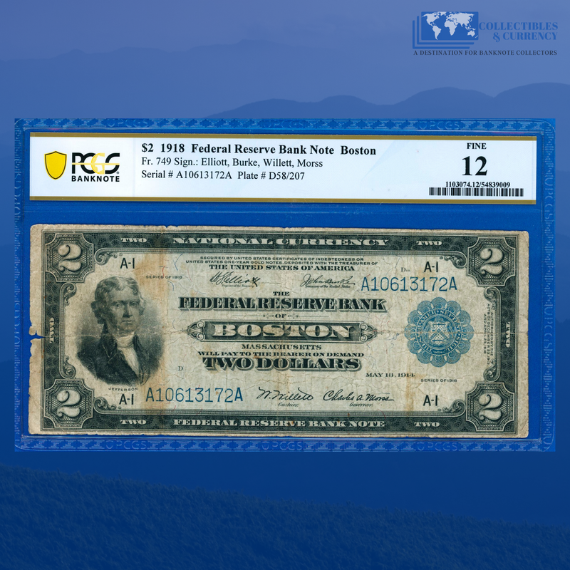 Fr.749 1918 $2 Two Dollars FRBN Boston "BATTLESHIP", PCGS 12 Comment