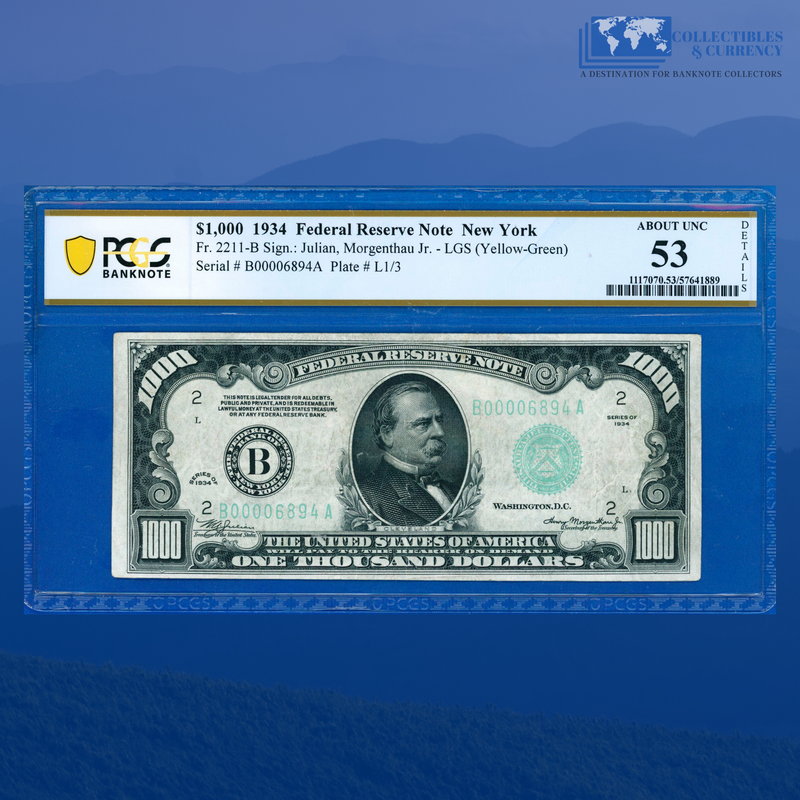 Fr.2211-B 1934 $1000 One Thousand Dollars FRN New York, PCGS 53 Comment