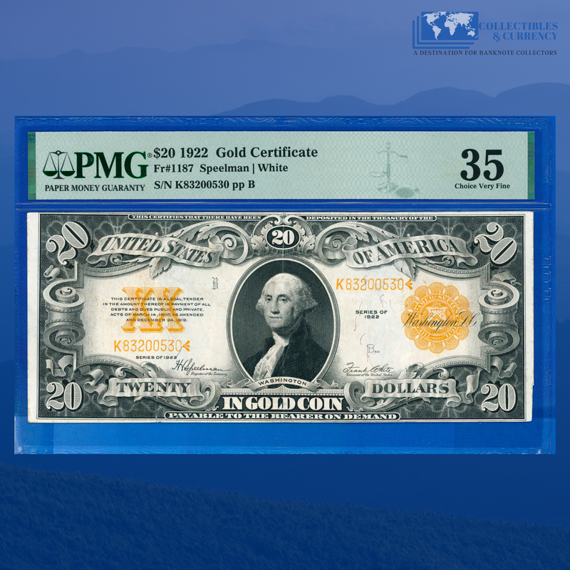Fr.1187 1922 $20 Twenty Dollars Gold Certificate, PMG 35