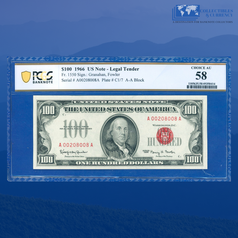 Fr.1550 1966 $100 One Hundred Dollars Legal Tender Note, PCGS 58