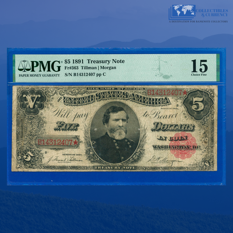 Fr.363 1891 $5 Five Dollars Treasury Note, "PLAIN BACK", PMG 15