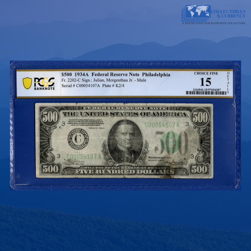 Fr.2202-C 1934A $500 Five Hundred Dollars FRN Philly, PCGS 15 Comment