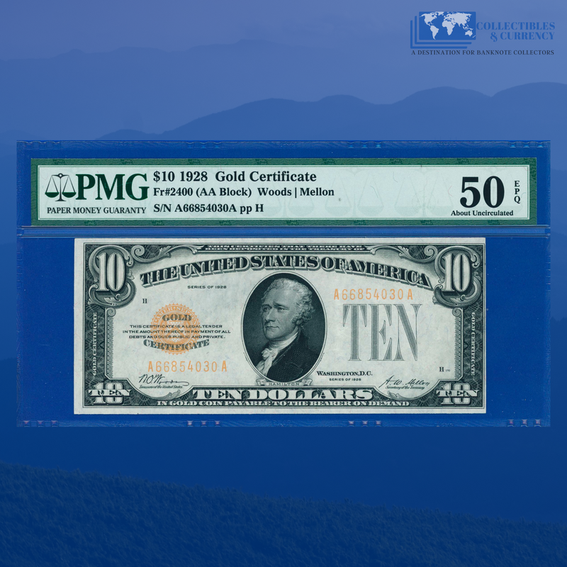 Fr.2400 1928 $10 Ten Dollars Gold Certificate, PMG 50 EPQ