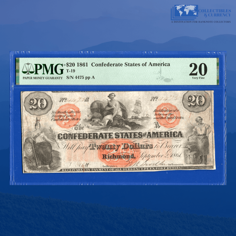 1861 $20 Confederate States Of America, CSA T-19 PF-1, PMG 20 Cancelled
