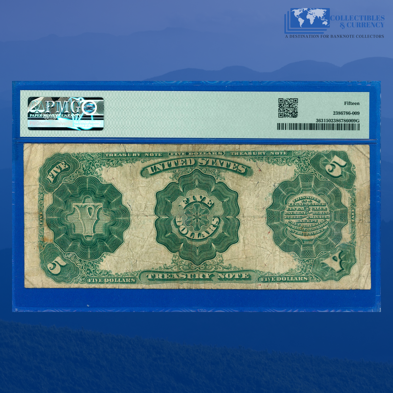 Fr.363 1891 $5 Five Dollars Treasury Note, "PLAIN BACK", PMG 15