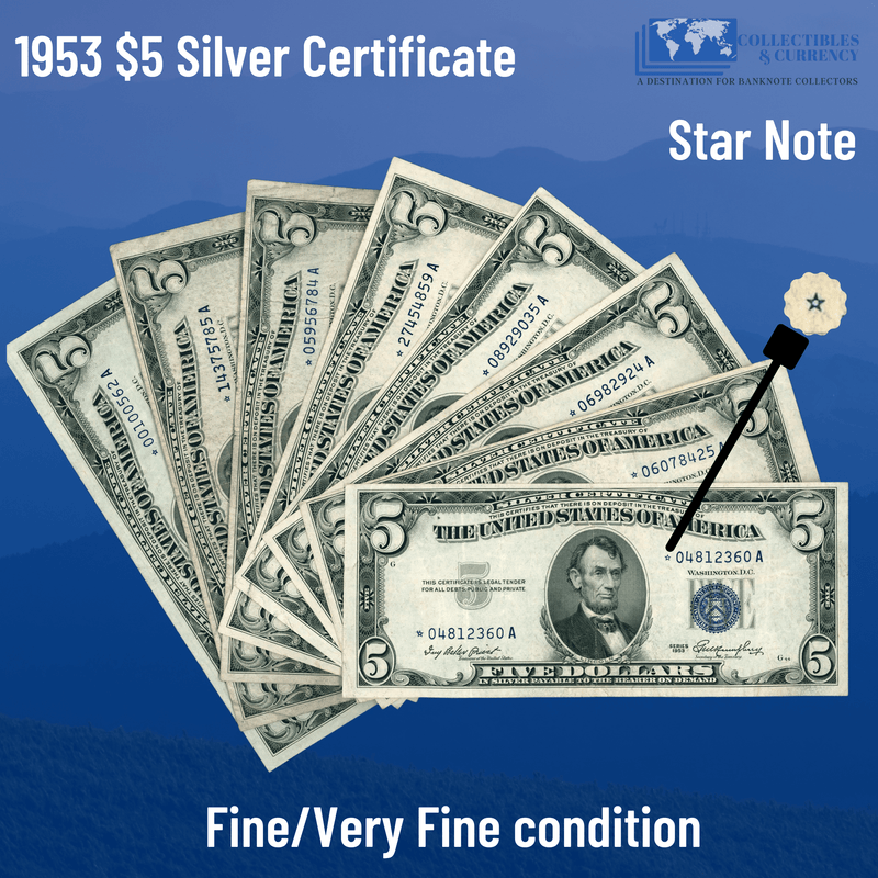 1953 $5 Five Dollars Silver Certificate Rare Star Note Blue Seal, F/VF Condition