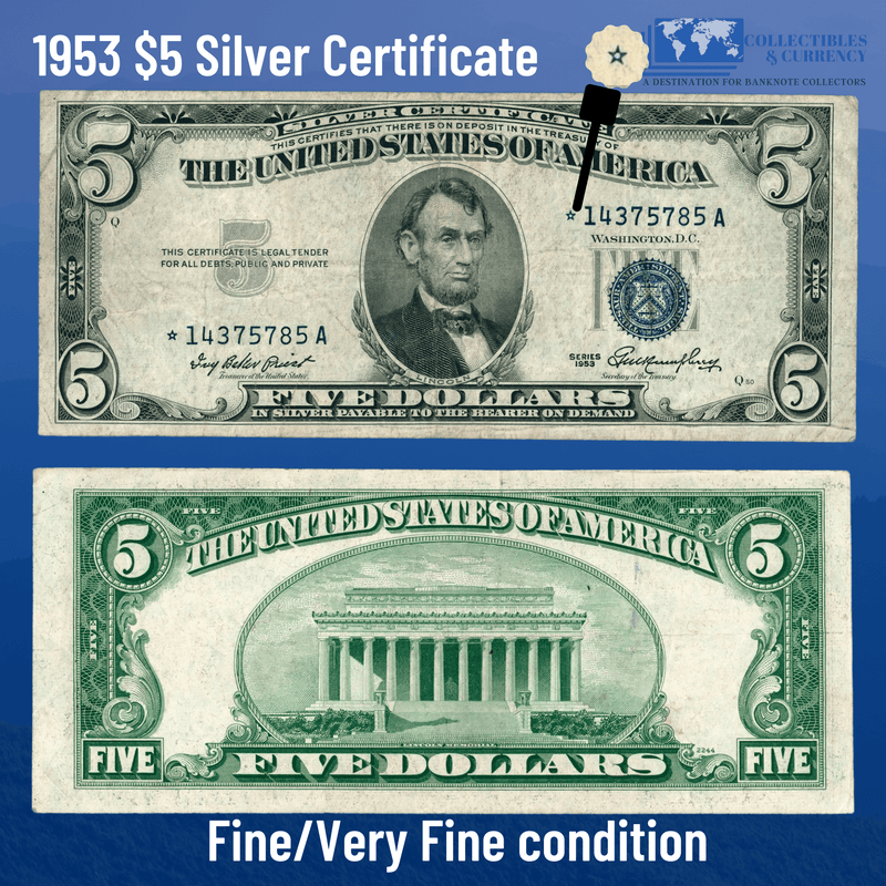 1953 $5 Five Dollars Silver Certificate Rare Star Note Blue Seal, F/VF Condition