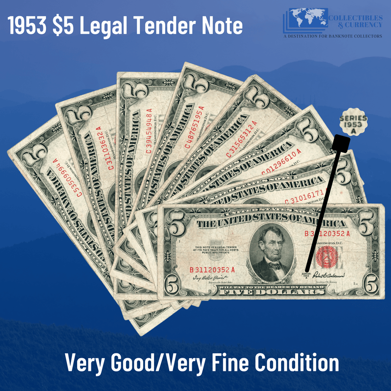 Legal Tender Note / Very Fine 1953 $5 Legal Tender Note Red Seal - VG/VF Condition