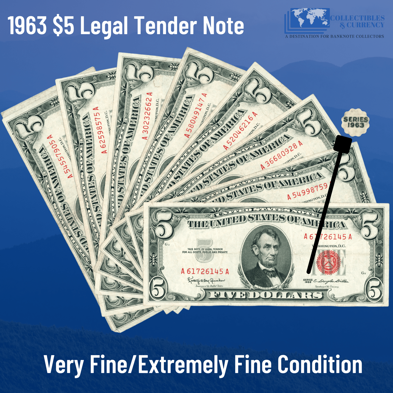 1963 $5 Five Dollars Legal Tender Note Red Seal - VF/XF Condition