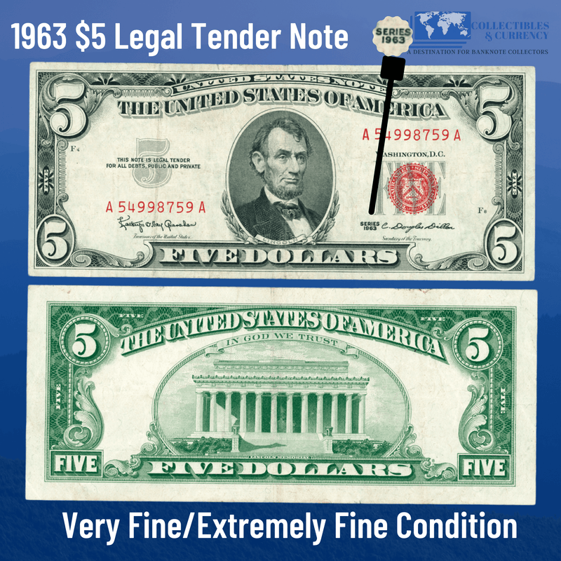 Legal Tender Note Copy of 1963 $5 Five Dollars Legal Tender Note Red Seal - VG/VF Condition