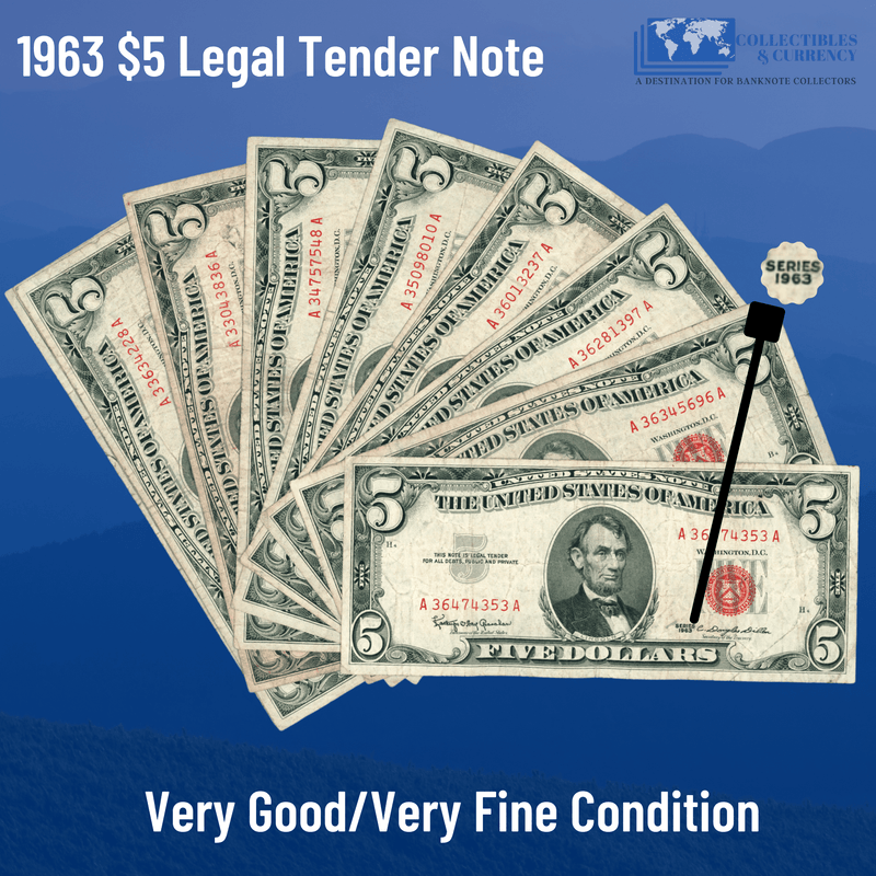 Legal Tender Note 1963 $5 Five Dollars Legal Tender Note Red Seal - VG/VF Condition