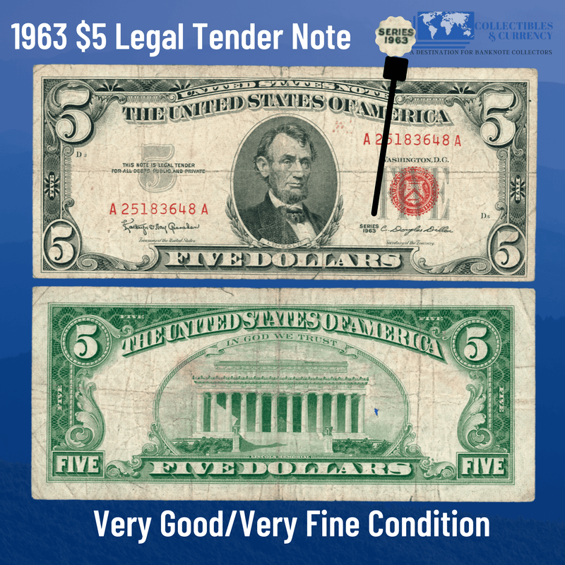 Legal Tender Note 1963 $5 Five Dollars Legal Tender Note Red Seal - VG/VF Condition