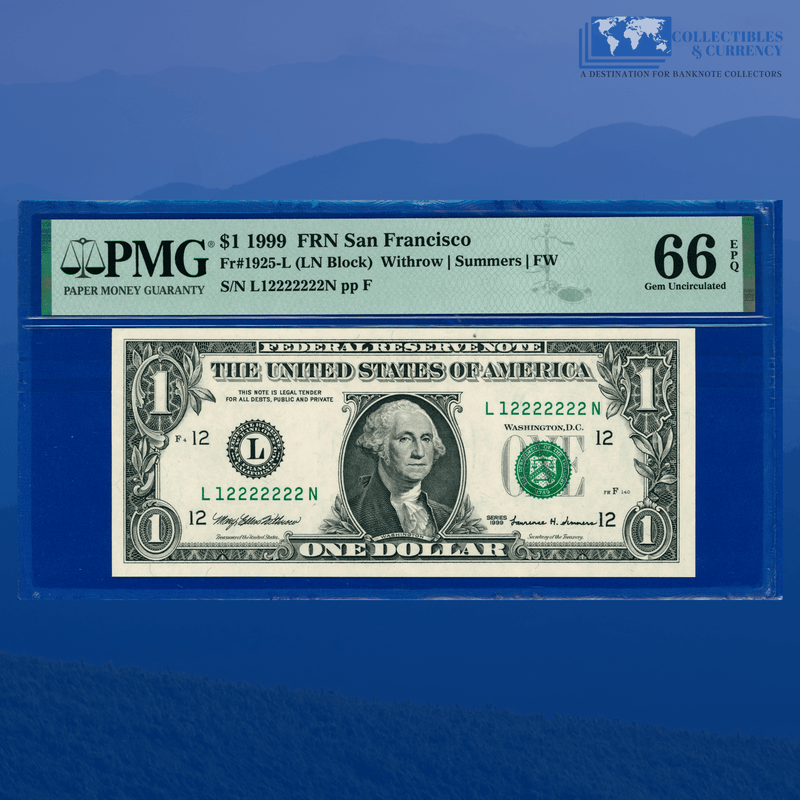 1999 FRN $1 Rare Fancy Near Solid Serial Number 12222222, PMG 66 EPQ