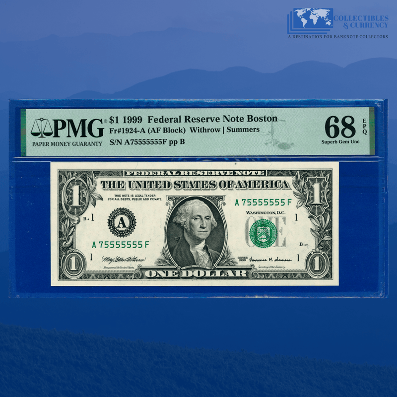 1999 FRN $1 Rare Fancy Near Solid Serial Number 75555555, PMG 68 EPQ