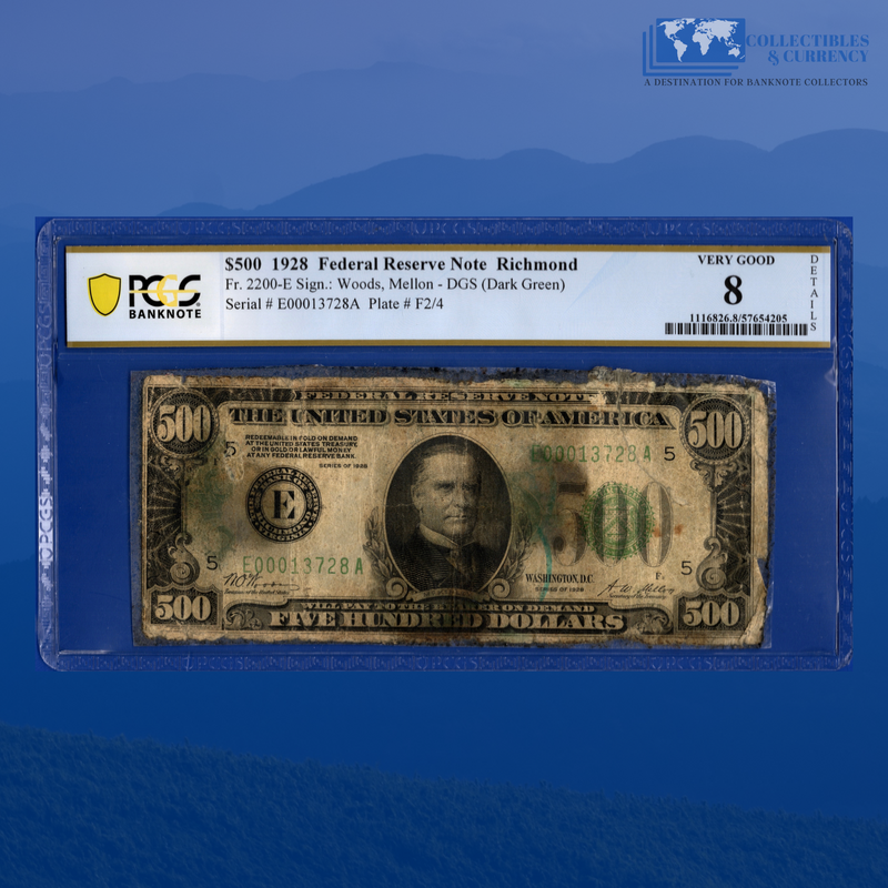 Fr.2200-E 1928 $500 Five Hundred Dollars FRN Richmond, PCGS 08 Comment